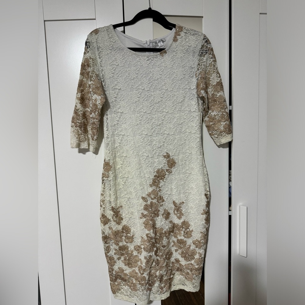 White and gold floral dress